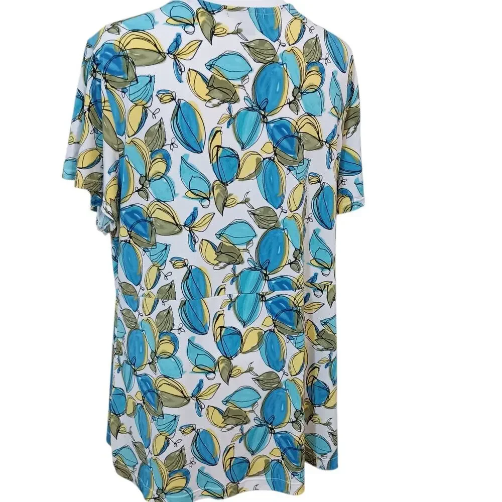 Alfani Beautiful Abstract Floral Blouse Top Plus 2X Stretchy Short Sleeves VNeck
